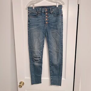 J. Crew 10” Higher-Rise Toothpick Jean Medium Indigo Wash Rip & Repair; size 28